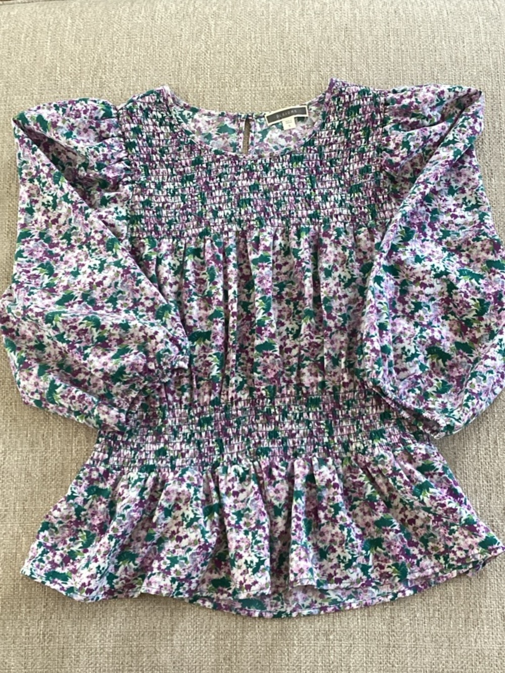 Pleione Floral Purple & Green Smocked Peplum 3/4 sleeve blouse Size Small